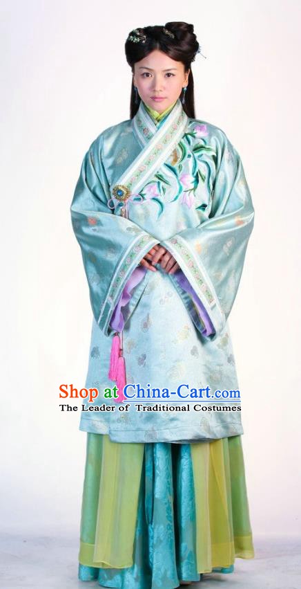 Ancient Chinese Ming Dynasty Historical Costume Palace Lady Blue Embroidered Replica Costume for Women
