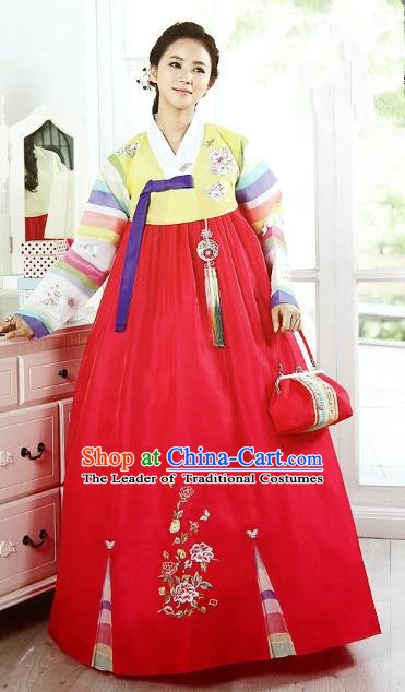 Top Grade Korean Bride Traditional Palace Hanbok Yellow Blouse and Red Dress Fashion Apparel Costumes for Women