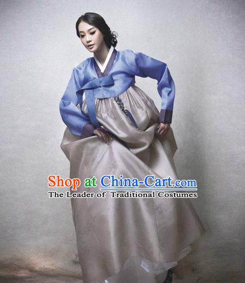 Top Grade Korean Hanbok Traditional Blue Blouse and Grey Dress Fashion Apparel Costumes for Women