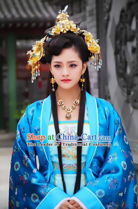 Chinese Ancient Ming Dynasty Imperial Consort Embroidered Dress Costume and Headpiece Complete Set for Women