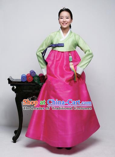 Top Grade Korean Hanbok Traditional Green Blouse and Rosy Dress Fashion Apparel Costumes for Women