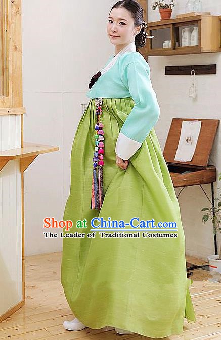 Top Grade Korean Hanbok Traditional Blue Blouse and Green Dress Fashion Apparel Costumes for Women