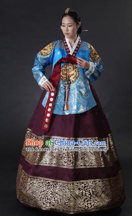 Top Grade Korean Palace Hanbok Traditional Empress Blue Blouse and Purple Dress Fashion Apparel Costumes for Women