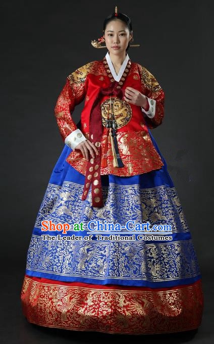 Top Grade Korean Palace Hanbok Traditional Empress Red Blouse and Blue Dress Fashion Apparel Costumes for Women