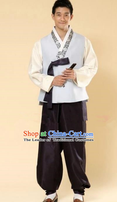 Asian Korean Hanbok Ancient Bridegroom Traditional Costume Blue Vest and Black Pants for Men