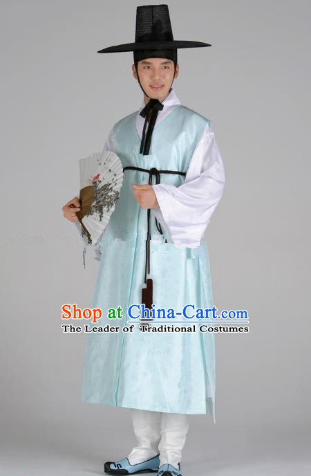 Asian Korean Traditional Costume Ancient Nobility Childe Bridegroom Blue Hanbok for Men