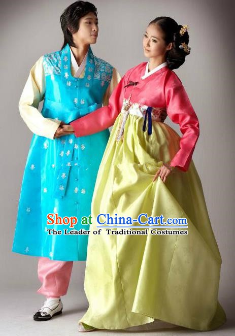 Asian Korean Traditional Wedding Costumes Palace Hanbok Ancient Korean Bride and Bridegroom Costumes Complete Set