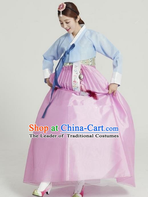 Top Grade Korean Hanbok Ancient Traditional Fashion Apparel Costumes Blue Blouse and Pink Dress for Women