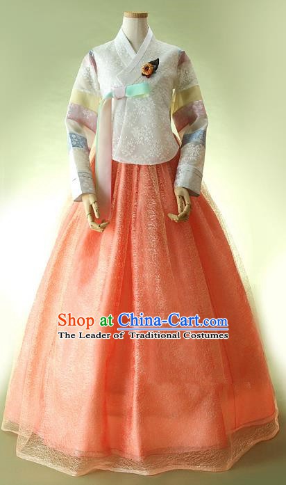 Top Grade Korean Hanbok Ancient Traditional Fashion Apparel Costumes White Lace Blouse and Orange Dress for Women