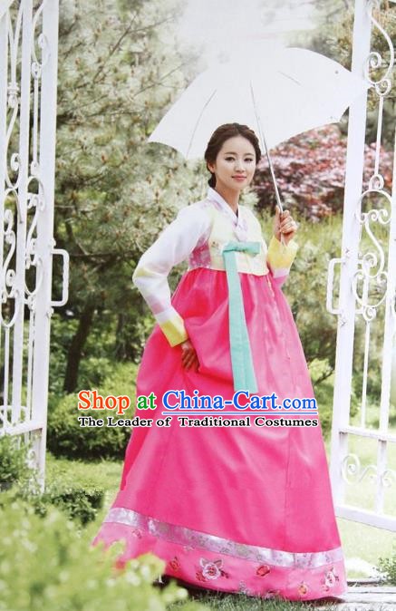 Top Grade Korean Hanbok Yellow Blouse and Pink Dress Ancient Traditional Fashion Apparel Costumes for Women