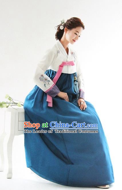 Top Grade Korean Hanbok White Blouse and Blue Dress Ancient Traditional Fashion Apparel Costumes for Women