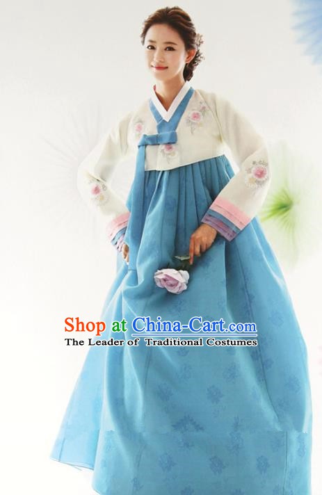 Top Grade Korean Hanbok White Blouse and Blue Dress Ancient Traditional Fashion Apparel Costumes for Women