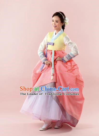 Korean Traditional Bride Hanbok Yellow Blouse and Orange Dress Ancient Formal Occasions Fashion Apparel Costumes for Women