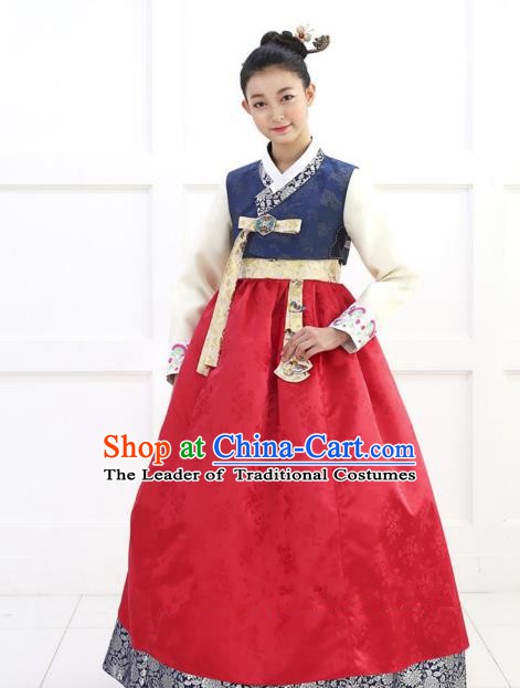 Korean Traditional Bride Hanbok Blue Blouse and Green Embroidered Dress Ancient Formal Occasions Fashion Apparel Costumes for Women