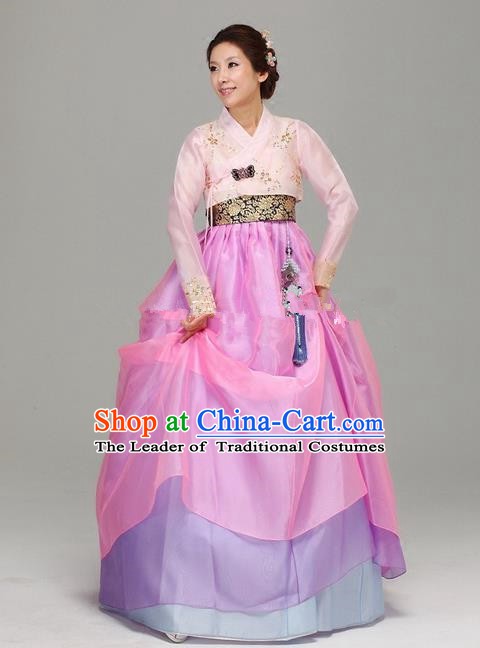 Korean Traditional Bride Hanbok Pink Blouse and Rosy Dress Ancient Formal Occasions Fashion Apparel Costumes for Women