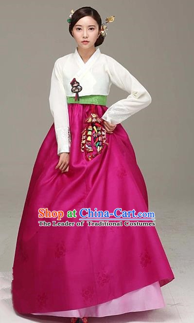 Korean Traditional Bride Hanbok Formal Occasions White Blouse and Rosy Dress Ancient Fashion Apparel Costumes for Women