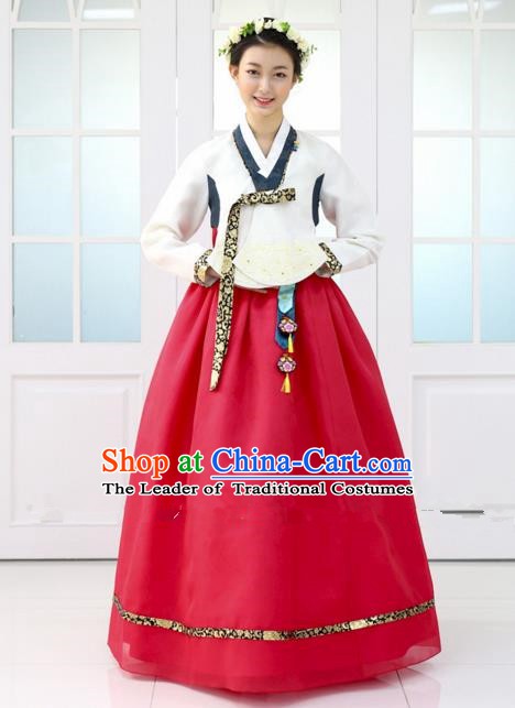 Korean Traditional Bride Hanbok Formal Occasions White Blouse and Red Dress Ancient Fashion Apparel Costumes for Women