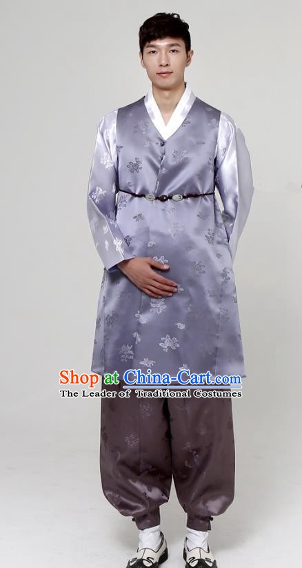 Traditional Korean Costumes Ancient Palace Korean Bridegroom Hanbok Lilac Vest and Grey Pants for Men