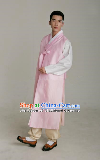 Traditional Korean Costumes Ancient Palace Korean Bridegroom Hanbok Pink Vest and Yellow Pants for Men