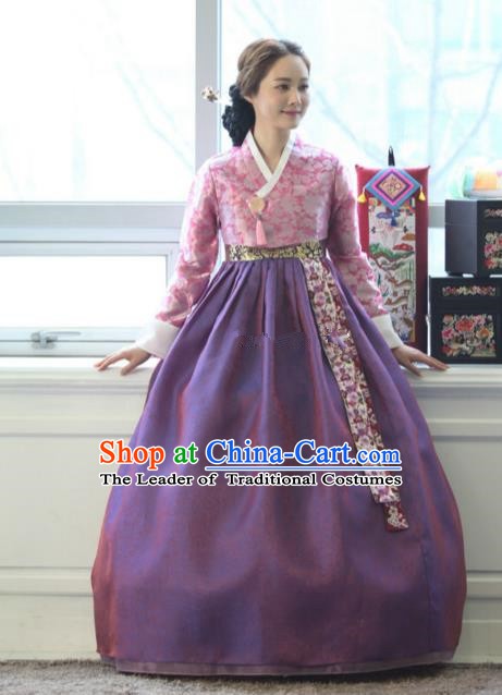 Korean Traditional Bride Tang Garment Hanbok Formal Occasions Pink Blouse and Purple Dress Ancient Costumes for Women