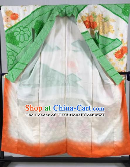 Japan Traditional Kimono Green Furisode Kimono Ancient Yukata Dress Formal Costume for Women