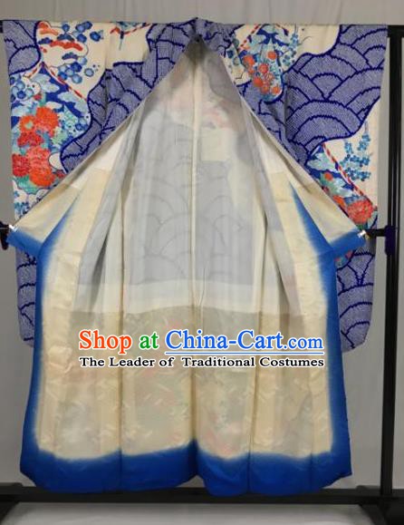 Japanese Traditional Kimono Ancient Palace Blue Yukata Robe Wafuku Hakama Haori Clothing for Men