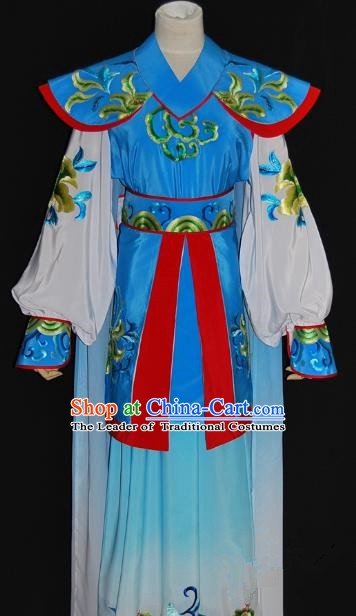 Traditional Chinese Beijing Opera Female Warrior Blue Dress Peking Opera Blues Embroidered Costume