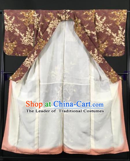 Japan Traditional Kimonos Brown Furisode Kimono Ancient Yukata Dress Formal Costume for Women