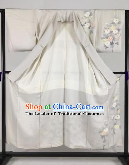 Japan Traditional Kimonos Palace Furisode Kimono Ancient Printing Grey Yukata Dress Formal Costume for Women