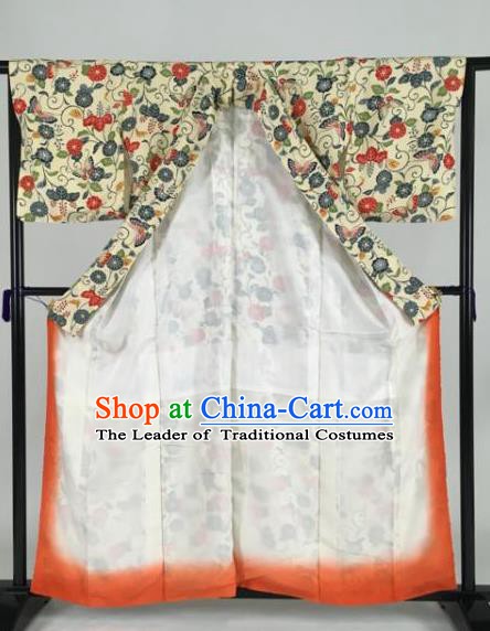 Japan Traditional Kimonos Geisha Printing Yellow Furisode Kimono Ancient Yukata Dress Formal Costume for Women