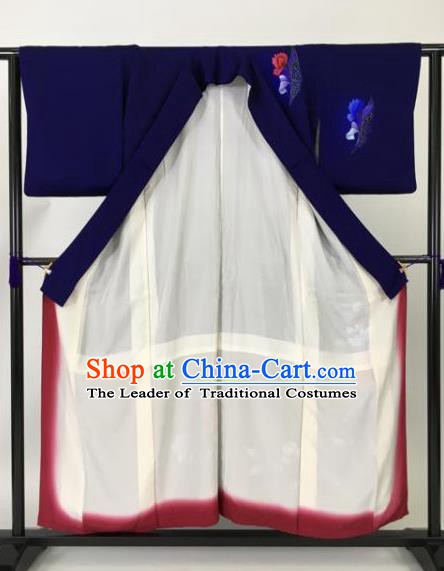 Japan Traditional Kimonos Royalblue Furisode Kimono Ancient Yukata Dress Formal Costume for Women