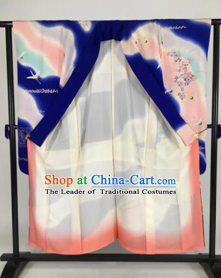 Ancient Japanese Geisha Furisode Kimonos Traditional Female Blue Yukata Dress Formal Costume for Women