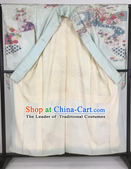 Ancient Japanese Geisha Printing Furisode Kimonos Traditional Female Blue Yukata Dress Formal Costume for Women