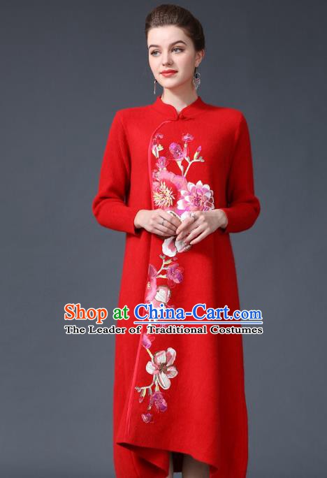 Chinese National Costume Embroidered Peony Red Cheongsam Qipao Dress for Women