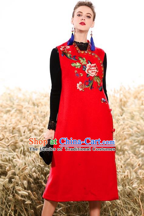 Chinese National Costume Traditional Embroidered Vests Dress Red Cheongsam for Women