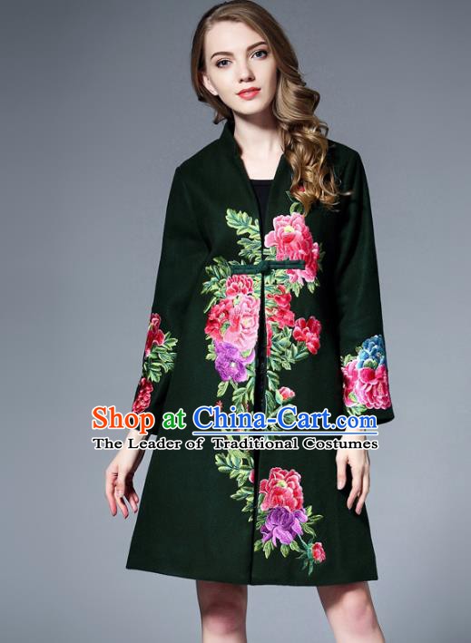 Chinese National Costume Green Wool Coats Traditional Embroidered Peony Dust Coats for Women