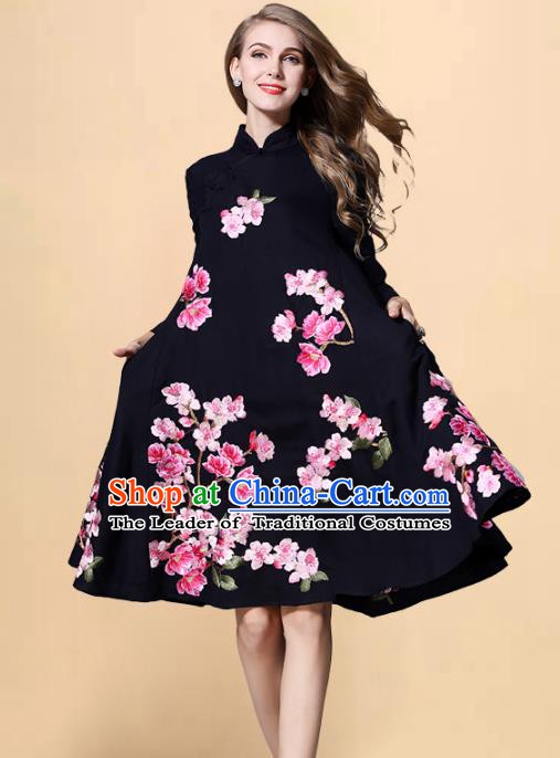 Chinese National Costume Embroidered Peach Blossom Navy Qipao Dress Stand Collar Cheongsam for Women