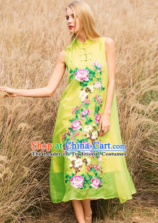 Chinese National Costume Stand Collar Yellow Cheongsam Embroidered Peony Sleeveless Qipao Dress for Women