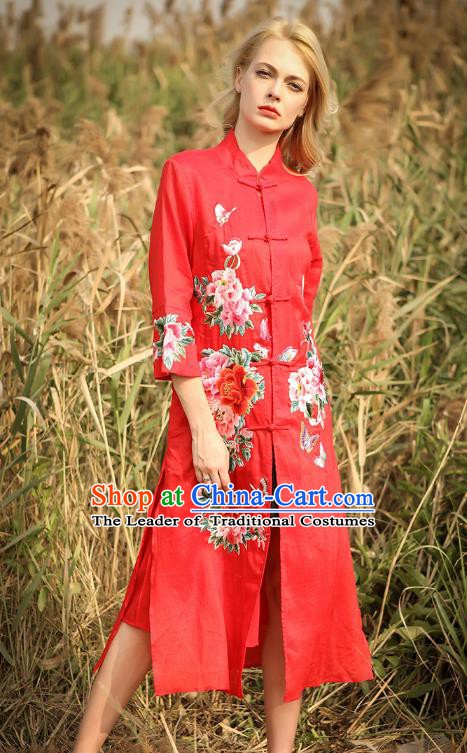 Chinese National Costume Red Cardigan Cheongsam Embroidered Peony Qipao Dress for Women