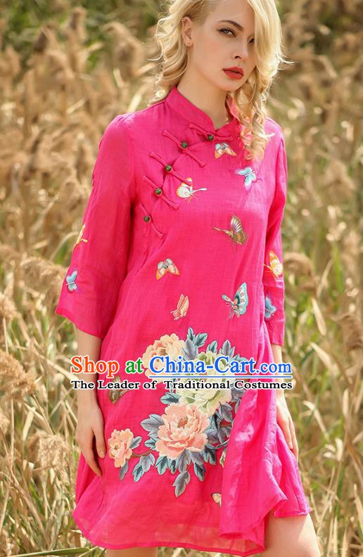 Chinese National Costume Rosy Cheongsam Embroidered Peony Butterfly Qipao Dress for Women