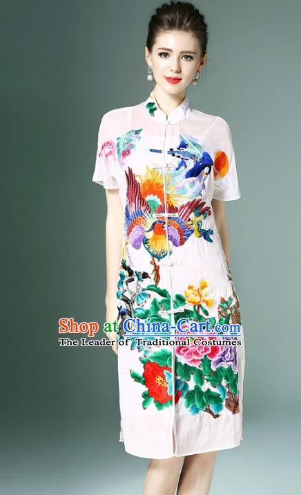 Chinese National Costume White Embroidered Peony Cheongsam Qipao Dress for Women