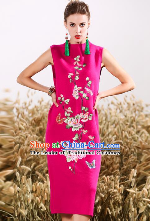 Chinese National Costume Embroidered Butterfly Pink Cheongsam Vintage Qipao Dress for Women