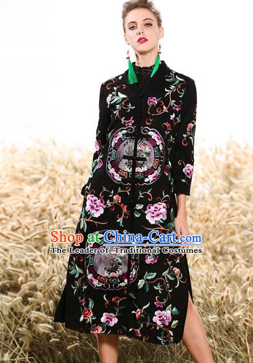 Chinese National Costume Plated Buttons Coats Traditional Embroidered Black Dust Coat for Women