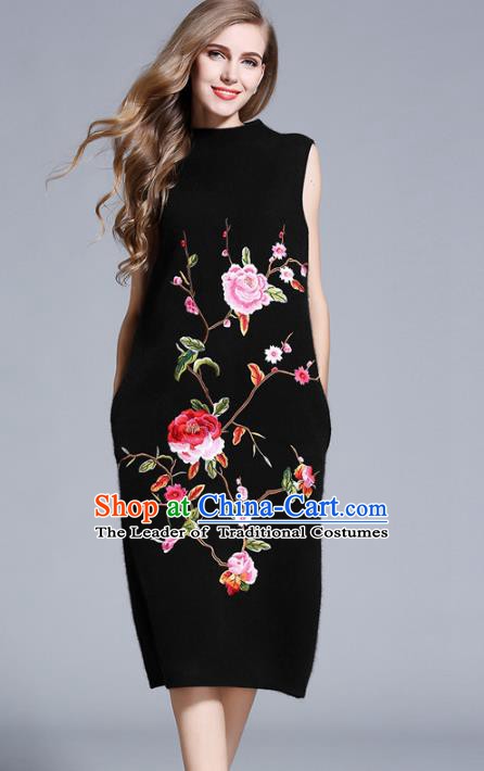 Chinese National Costume Cheongsam Embroidered Peony Black Dress Tang Suit Qipao for Women