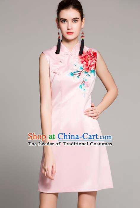 Chinese National Costume Tang Suit Pink Qipao Dress Traditional Embroidered Peony Cheongsam for Women