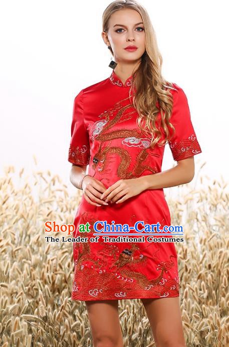 Chinese National Costume Tang Suit Red Qipao Dress Traditional Embroidered Dragon Cheongsam for Women