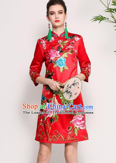 Chinese National Costume Tang Suit Red Silk Qipao Dress Traditional Embroidered Peony Cheongsam for Women