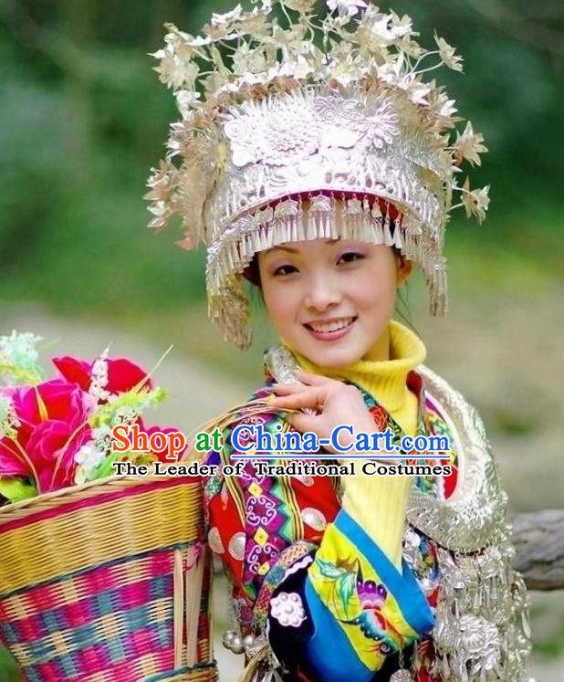 Traditional Chinese Miao Nationality Tassel Phoenix Coronet Hats Hair Accessories Sliver Crown Headwear for Women