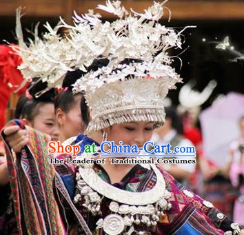 Traditional Chinese Miao Nationality Wedding Phoenix Coronet Hair Accessories Sliver Crown Headwear for Women