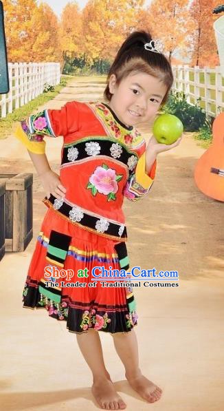 Traditional Chinese Yi Nationality Dance Embroidery Costume, Folk Dance Ethnic Dance Red Dress for Kids